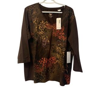 Women's‎ Brown Floral V-Neck 3/4 Sleeve Blouse Size 3 Casual Fall Top